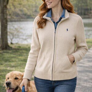 🤍 Ralph Lauren Sport Cream Cable-Knit Zip-Up Sweater 🤍